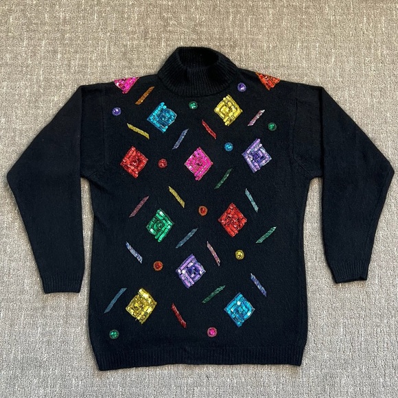 Vintage I.B. Diffusion Silk Blend Sweater Abstract Sequins Embroidery Black 90's - Picture 1 of 6